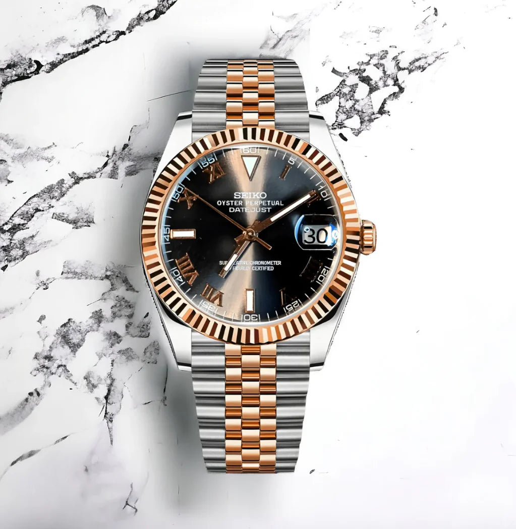 Seiko Mod Datejust Twotone Black Roman